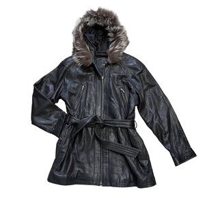 Tannery West Black Leather Belted Coat With Faux Fur Hood M